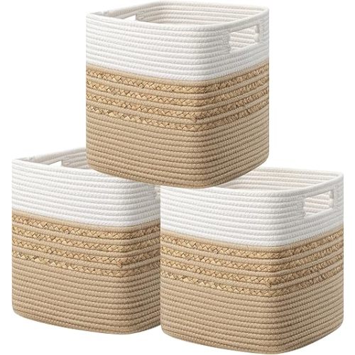 UBBCARE Set of 3 Storage Cubes 13 X 13 X 13 in, Water Hyacinth Storage Bins for Shelves, Toys, Book, Storage Baskets with Handles, Cotton Rope Woven Baskets for Organizing, Brown