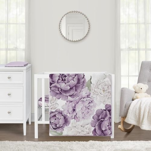 Sweet Jojo Designs Lavender Purple Boho Shabby Chic Floral Girl Baby Mini Crib Bedding Set Infant Nursery Room Newborn Blanket Portable Pack n Play Sheets 3pc Ivory Bohemian Vintage Garden Watercolor
