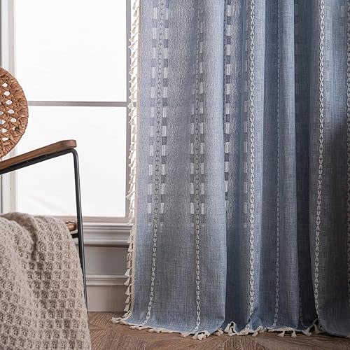 Boho Curtains 84 inch Length Vintage Cotton Linen Curtain Panels for Living Room Rod Pocket Farmhouse Light Filtering Embroidered Window Drapes for Home Decor 1 Panel W55 X L84 Inch