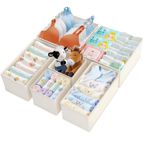 Dorisun Drawer Organizer Clothes - Dresser Organizer for Baby Clothes, Underwear, Sock - Nursery Organization - Foldable Closet Organizatio Dividers for Bra, Belt, Tie (Beige, 6 Pack)