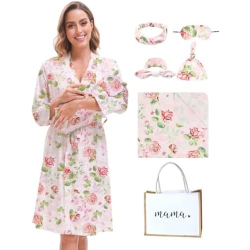 MORFORU Maternity Robe and Baby Swaddle Blanket Set, Mommy Delivery Robe Baby Blanket Hairband Hat Hairtie Hospital Bag