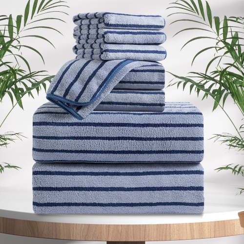 Jessy Home 8 Pcs Navy Blue Bicolor bar Stripe Large Bath Towels Set 2 Oversized Bathroom Towels, 2 Hand Towels, 4 Washcloths