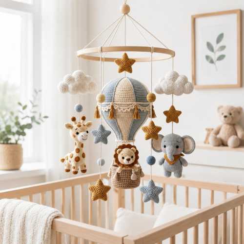 Crochet Safari Baby Mobile, Hot Air Balloon Crib Mobile, Lion Elephant Giraffe Nursery Decor, Baby Shower Gift
