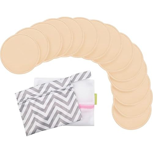 14-Pack Reusable Nursing Pads for Breastfeeding - Soft & Absorbent 4-Layers Washable Breast Pads for Leaking Milk, Viscose from Bamboo Breastfeeding Essentials, Nipple Covers (Bare Beige, L 4.8")