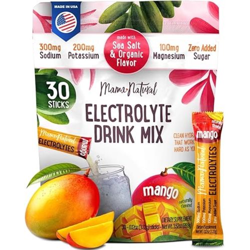 Mama Natural Electrolytes Powder Packets – Instant Hydration with natural Sea Salt, Potassium & Magnesium Glycinate – Sugar Free, Organic Mango Flavor – 30 Travel Sticks for Postpartum & Pregnancy