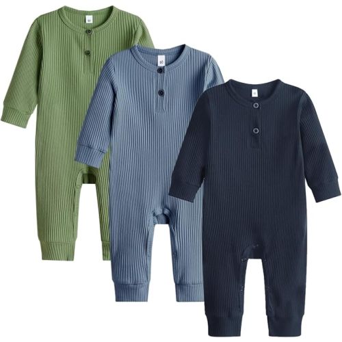 Baby Boy Girl 3 Pack Solid Romper Ribbed Long Sleeve