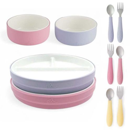 Elk and Friends Kids Porcelain Mealtime Bundle | 10 Pcs Dinnerware Set | Plates Bowls & Toddler Utensils | Microwave & Dishwasher Safe