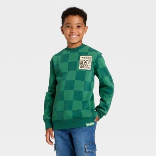 Boys' Minecraft Creeper Checkered Fleece Crewneck Sweatshirt - Dark Green