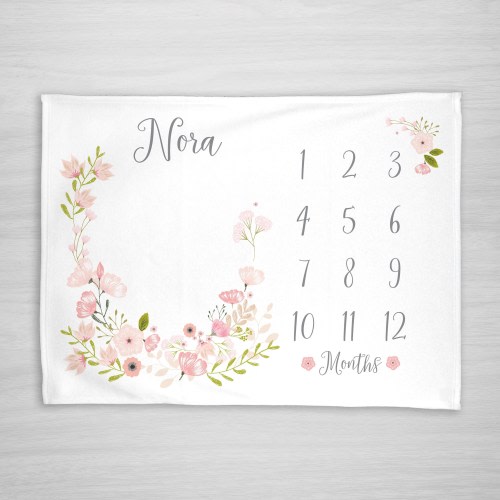 Personalized Baby Milestone Blanket: Pink Floral Fleece, New Mom Gift