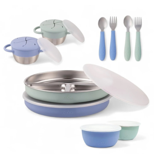 Stainless Steel Mealtime Bundle | Plates, Bowls, Snack Cups + Toddler Utensils | Normal Sleeves | Sage/MistyBlue