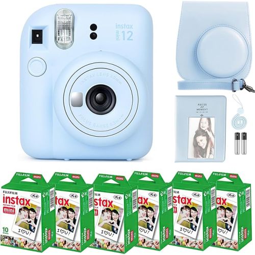 Fujifilm Instax Mini 12 Instant Camera Pastel Blue and Fuji Film Value Pack (60 Sheets) Bundle with Sturdy Tiger Accessories, Carrying Case, Photo Album 64 Pockets