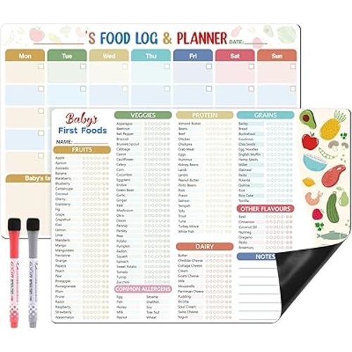 2 Pack Baby First Foods Tracker Fridge Magnet, 14x10"Baby Food Chart with 2 Dry Erase Markers, Magnetic Baby's Food Checklist & Daily Meal Planner, Baby’s First 100 Foods Tracker Magnet for Fridge