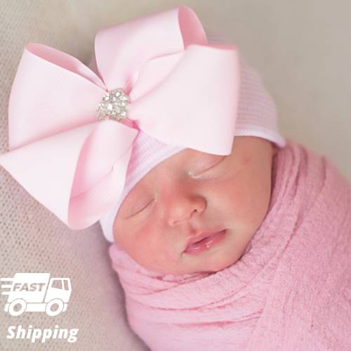 Pink Stripe Hospital Hat: Newborn Girl Rhinestone Bow, Double Ply