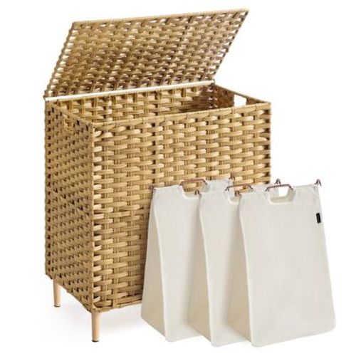 SONGMICS Laundry Hamper with Lid, PE Rattan Laundry Basket with Removable Liner, Storage Basket, 3-Section Sorter, 42.2 Gallons (160 L), Goose Yellow