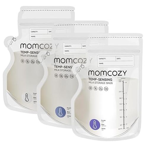 Momcozy Easy Pour Breastmilk Storage Bag, 8Oz, Temp-Sensing Color Change, 120 Count Milk Bag with Self Standing for Breastfeeding, No Leak Presterilized for Freezer, Recyclable & BPA Free