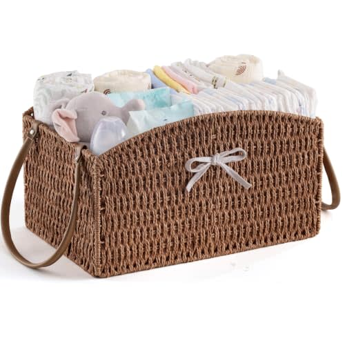HBlife Diaper Caddy Organizer Detachable Portable Hand-Woven Storage Basket | Elegant Curved Design, Lightweight paper rope material, Car organizer, nursery bin, Newborn essentials