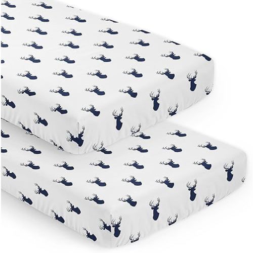 Sweet Jojo Designs 2-Piece Baby Crib Sheets Set (Woodland Deer) for Boys, Infant Nursery, Toddler Room -Fitted, Standard Size (Classic, Forest Animal, Stag, Antler, Minimalist, Navy Blue and White)