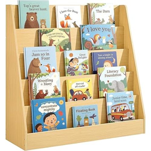 SONGMICS Kids Bookcase, 5-Tier Montessori Bookshelf, Front-Facing Book Display Rack, for Children's Room, Reading Nook, 11.8 x 31.5 x 31.5 Inches, Beech Beige UGKR076YZ01