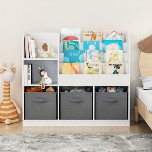 Kids Bookshelf, Multifunctional Bookcase with 3 Collapsible Fabric Drawers,Book Display Stand,Toy Storage Organizer for Bedroom, Playroom, Color: Grey