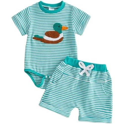 Douhoow Baby Boy Summer Clothes Duck Golf Embroidered Short Sleeve Waffle Baby Romper Shorts Infant Boy Festival Outfits