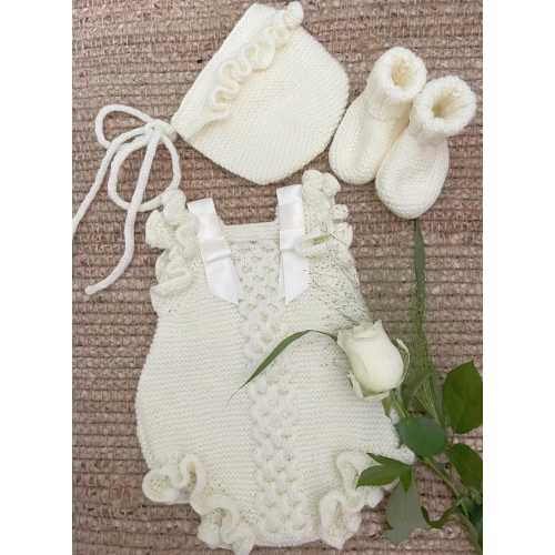 Hand knitted Baby romper, bonnet and bootees. Coming home outfit or hospital outfit. Spanish baby clothes.