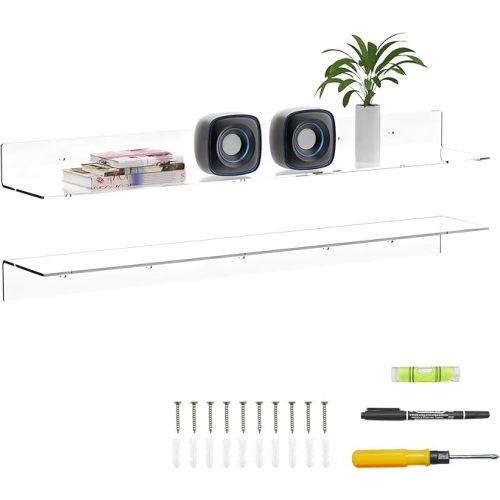 Sezanrpt 36 Inches Acrylic Wall Shelves 2 Pack, Floating Shelf for Wall Mounting, Acrylic Display Ledges for Funko Pop Figures, Home Décor, Living Room, Gaming Room, Plants(36 inch, Clear)