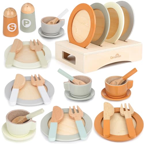 Wooden Play Dishes and Plates for Kids Kitchen Set, 27 PCS Wooden Play Kitchen Accessories, Kitchen Toy for Toddlers Boys Girls 3 4 5 6