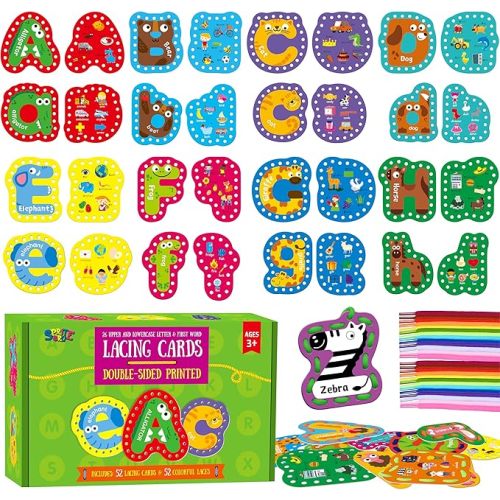 52 PCS Lacing Cards, 26 Double-Sided Uppercase & Lowercase Sewing Cards with 52 Colorful Laces, Imagination Development Lacing Toy Games Educational and Learning Activity for Preschoolers, Children