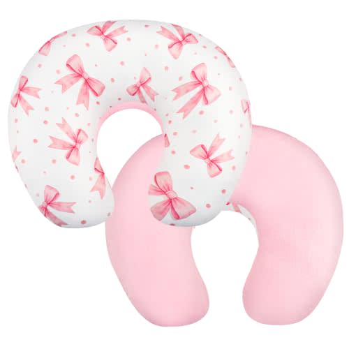Nursing Pillow Cover 1 Pack, Breastfeeding Pillow Cover for Baby Girls Boys, Soft Stretchy Nursing Pillowcase for Infant Newborn, Removable Slipcover for Nursing Pillows, Pink Bow(Only Cover)