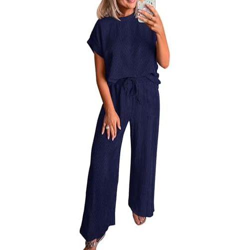 KIRUNDO 2 Piece Sets for Women Dressy Casual Ribbed Knit Short Sleeve Tops Wide Leg Pants Lounge Set Travel Airport Outfits