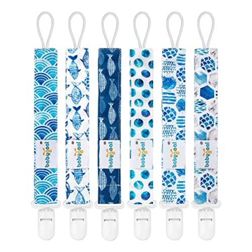 babygoal Ocean Blue Pacifier Clips, 6 Pack Binky Paci Holder Clips Leashes Fits for Most Baby Pacifiers and Binkies