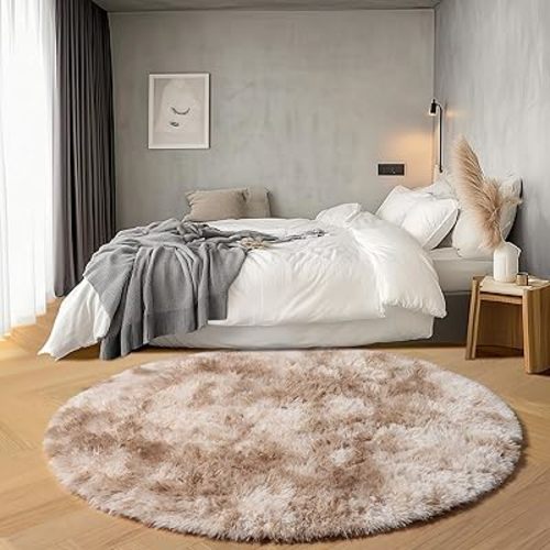 ONASAR Tie-Dye Beige Round Area Rugs 5ft, Soft Bedroom Circle Rug Floor Mats for Kids Girls Teen Room, Kawaii Fluffy Plush Shaggy Carpet for Baby Nursery Living Room Playroom Home Decor