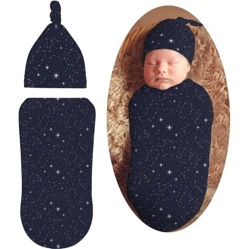 Night Sky Swaddle Blanket with Beanie Hat Set Soft Newborn Swaddle Wrap Receiving Blanket Shower Gift
