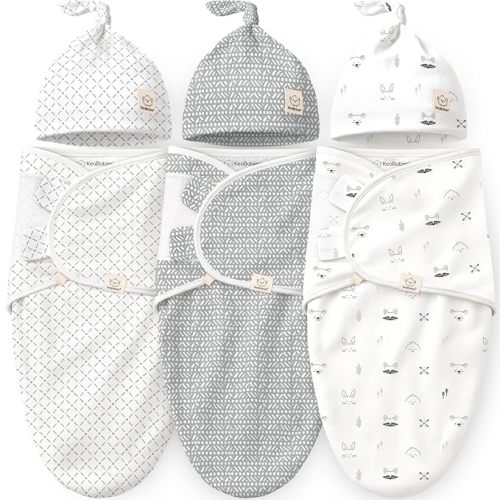 KeaBabies 3-Pack Swaddles for Newborns, Girls, Boys with Hats - Organic Soft Baby Sleep Sacks, Breathable Baby Swaddle 3-6 Months Beanies Set, Premie Infant Sleep Sack 0-3 Months (Nordic)