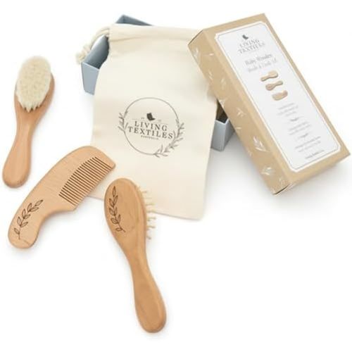 Living Textiles Soft Baby Hair Brush & Comb 3-Piece Set - Natural Goat Hair & Beechwood, Scalp Stimulating Bristles, Gentle Detangling, Gift-Ready with Cotton Storage Bag, Newborn & Infant