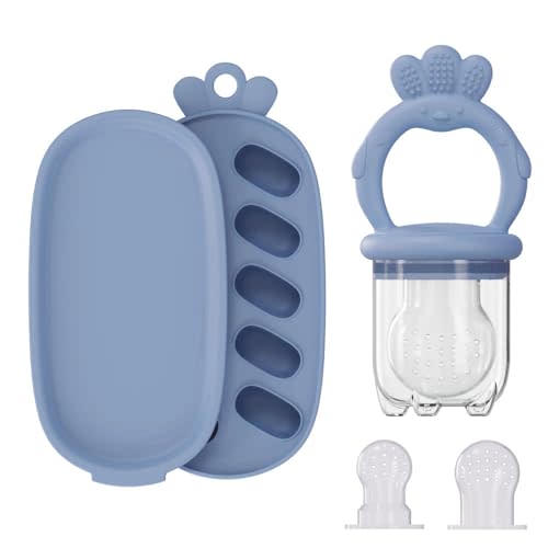 Baby Food Fruit Feeder with Freezer Tray Breastmilk Popsicle Molds Silicone Fruit Feeder for Self Feeding Teething Relief Toys (Blue)