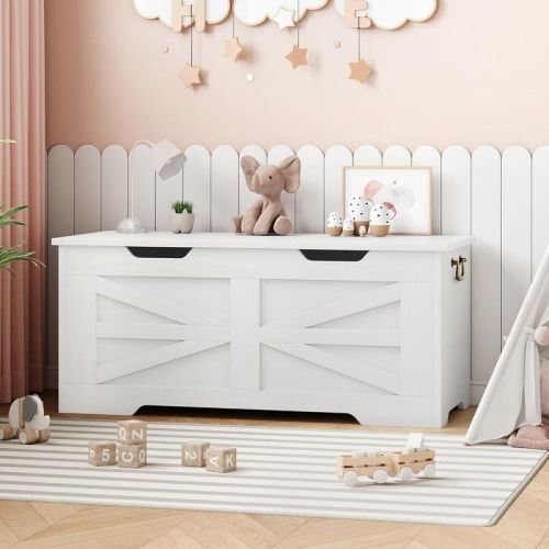 39.4"Farmhouse Storage Bench-Sturdy Wood Toy Chest with Safety Hinge, 350 lb Weight Capacity for Entryway & Bedroom,White