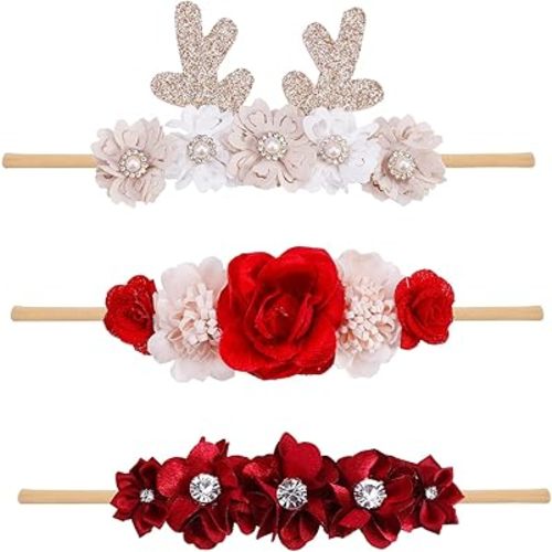 cherrboll 3pcs Baby Girl Flower Headbands, Super Soft & Stretchy Red Floral Hairbands for Newborn Toddler Christmas