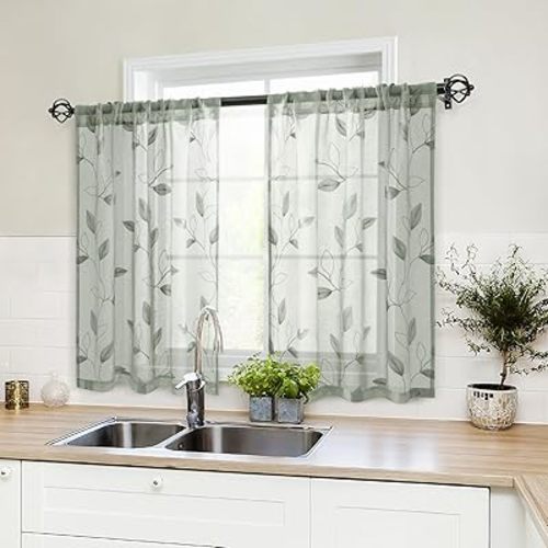 HOMEIDEAS Sage Green Sheer Curtains 52 X 84 Inches Long 2 Panels Embroidered Leaf Pattern Pocket Faux Linen Floral Semi Sheer Voile Window Curtains/Drapes for Bedroom Living Room