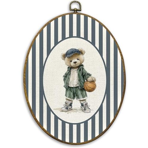 CUANFDDSF Vintage Basketball Bear Nursery Oval Wall Art Decor, Sports Wall Hanging Decor, Blue Striped Basketball Player Bear Framed Canvas Prints for Kids Boy Nursery Room Playroom, 8.6x11.4 Inch