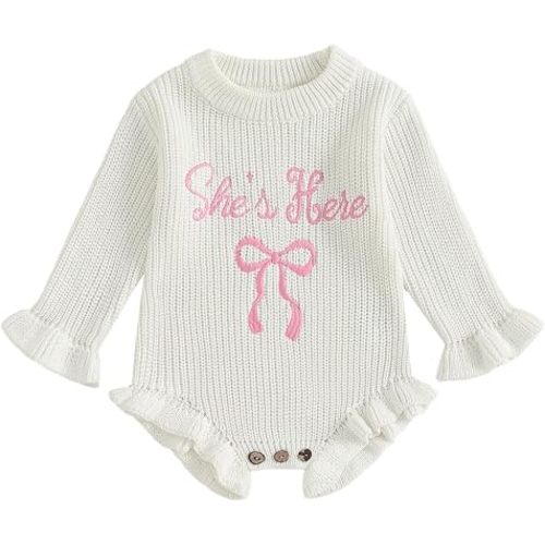 PUHHAPIEY Baby Girl Fall Winter Clothes Newborn She's Here Sweater Romper