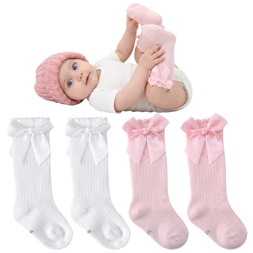 2 Pairs Preemie Newborn Baby Ankle Socks, Soft Ruffle Turn Cuff Cotton Bows Tube Socks Non-slip Warm Sock Ideal for Daily Wear and Special Occasion Gifts