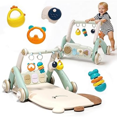 2 in 1 Baby Gym with Walker,Baby Play Mat with 4 Infant Learning Sensory,Double-Sided Multifunctional Removable Play Piano Panel,Sit-to-Stand Learning Walker for 0-24 Months Boy Girl [White]