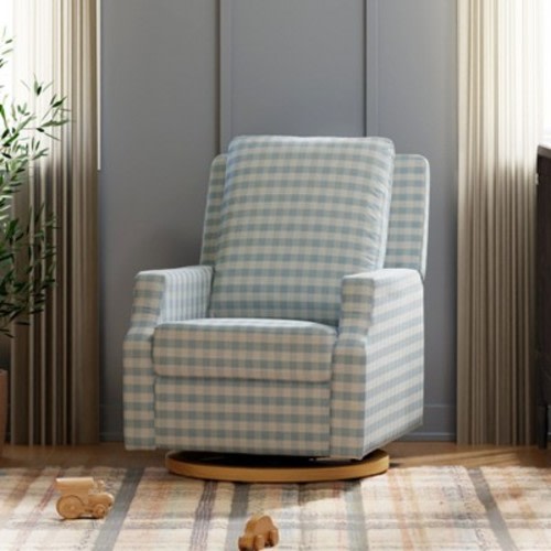 Namesake Crewe Recliner and Swivel Glider - Blue Gingham with Light Wood Base
