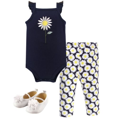 Hudson Baby Infant Girl Cotton Bodysuit, Pant and Shoe 3pc Set, Daisy