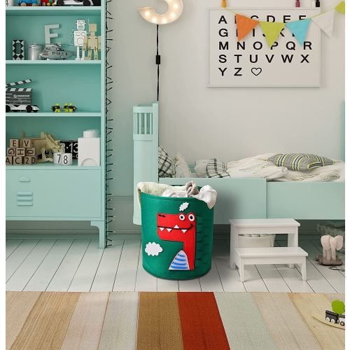 Green Dinosaur Felt Kids Storage/Laundry Basket 13.78" x 14.57", Toy/ Book Storage Basket, Nursery Hamper Blanket/Towel Holder