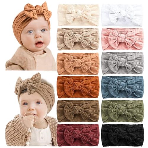 Prohouse 12 PCS Baby Headbands Handmade Super Stretchy Soft Nylon Hairbands Hair Bows Hair Accessories for Baby Girls Newborn Infant Toddlers Kids(Clay)