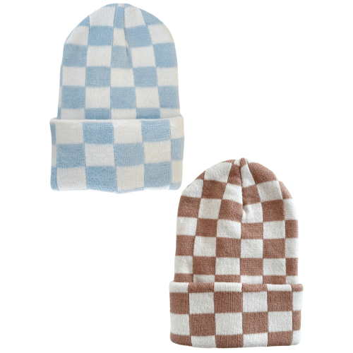 2-Pack Baby's First Hat®, Tan/Baby Blue & Warm White Checkerboard – SpearmintLOVE