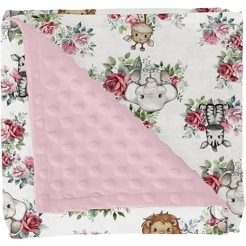 Cute Jungle Safari Animals Roses Leaves Baby Blankets for Girl Boy Lion Giraffe Elephant Zebra Soft Mink Dotted Backing Double Layer Swaddle Blanket Bed Throw for Newborn Infant Toddler Nursery 30x40