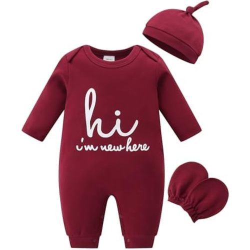 Babymine Cute Newborn Unisex Baby 100% Cotton Long Sleeve Onesie Coming Home Outfits,Soft Romper with Mittens & Hat